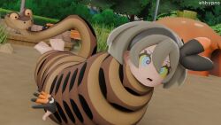 3d barefoot bea_(pokemon) coils crossover disney eh femsub gloves grey_hair hair_ornament hairband kaa_eyes open_mouth pokemon pokemon_sword_and_shield ribbon ring_eyes surprised the_jungle_book trees