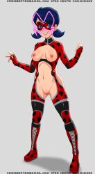 alternate_costume black_hair blue_eyes bottomless breasts clothed_exposure corruption crisisbeat femsub fingerless_gloves gloves happy_trance jabberwocky_(manipper) marinette_dupain-cheng mask miraculous_ladybug pussy small_breasts smile super_hero twintails