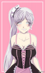 absurdres blush breasts cleavage dazed dress drool femsub happy_trance koari_zue large_breasts long_hair maid ponytail rwby side_ponytail simple_background smile solo spiral_eyes symbol_in_eyes weiss_schnee white_hair
