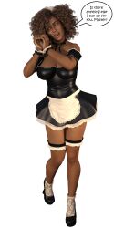  3d bare_shoulders breasts brown_eyes brown_hair cleavage dark_skin female_only femsub happy_trance hexxet high_heels huge_breasts long_hair lucine_kalington maid maid_headdress office_party skirt solo text 