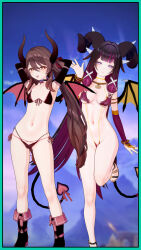  3d absurdres alternate_costume arms_above_head bare_legs bare_shoulders bikini boots breasts brown_hair columbina_(genshin_impact) demon_girl female_only femdom femsub genshin_impact horns hu_tao_(genshin_impact) legs long_hair looking_at_viewer midriff multiple_girls navel neru_tsf orange_eyes posing possession purple_eyes purple_hair sandals shoes smile succubus thighs tongue tongue_out wings 