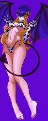    absurdres alternate_costume bare_legs bare_shoulders barefoot bikini bikini_bottom bikini_top blonde_hair breasts cap coolb_art cow_print eye_color_change feet femsub gloves gunko_(one_piece) hair_color_change hair_growth imu_(one_piece) legs midriff navel one_piece opera_gloves possession purple_background red_eyes ring_eyes simple_background spoilers tail wings 