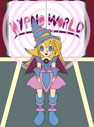 blonde_hair blue_eyes dark_magician_girl empty_eyes female_only femsub happy_trance hat liquidphazon long_hair standing standing_at_attention text yu-gi-oh!