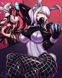 alternate_costume anal androgynous_dom arms_above_head bare_breasts bare_shoulders before_and_after blush bodysuit bondage breasts bunny_ears bunny_girl bunnysuit charlotte_(nzurg) corruption crossed_legs deepthroat eye_color_change femsub glowing_eyes hypnotic_mask large_breasts latex living_costume looking_at_viewer mask original persona_(series) persona_5 ponytail possession red_eyes restrained shadow_bunny sitting slime spacen&#039;cake tail tentacle_sex tentacles tight_clothing transformation vaginal white_hair x-ray