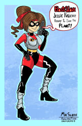 armor brown_hair cosplay dialogue elastigirl female_only femsub final_fantasy final_fantasy_vii gloves gun happy_trance jessie_rasberry mask mr_scade ponytail rubber short_hair smile solo speech_bubble spiral_eyes text the_incredibles weapon