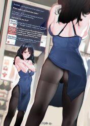 black_eyes black_hair blush breasts caption caption_only consensual dress female_only femsub hitomio manip microui_(manipper) mirror pantyhose resisting text underwear wholesome