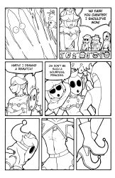 absurdres bare_shoulders bowsette breasts choker closed_eyes clothed comic crown dialogue dress elf_ears english_text gloves greyscale hair_covering_one_eye horns jester jesturia jewelry long_hair mask multiple_girls new_super_mario_bros._u_deluxe nintendo open_mouth opera_gloves ponytail princess princess_daisy princess_peach princess_rosalina royalty shyguy speech_bubble super_crown super_mario_bros. super_mario_galaxy tagme text transformation