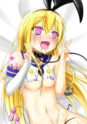 ahegao blonde_hair breasts collar cum cum_in_pussy cum_on_body cum_on_face drool female_only femsub kantai_collection long_hair open_mouth sex_toy shimakaze_(kantai_collection) solo sweat tongue tongue_out v vahn_yourdoom vibrator