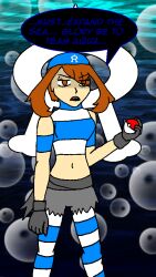  brown_hair corruption empty_eyes female_only femsub glowing glowing_eyes may nintendo open_mouth pokeball pokemon pokemon_ruby_sapphire_and_emerald short_hair silver solo team_aqua text 