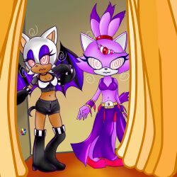  absurdres bat_girl bat_wings blaze_the_cat breasts cat_girl female_only femsub furry harem_outfit large_breasts lostlight17 midriff multiple_girls rouge_the_bat sonic_the_hedgehog_(series) spiral_eyes symbol_in_eyes 