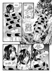  asphyxiation black_hair coils comic dialogue disney hair_covering_one_eye happy_trance kaa kaa_eyes long_hair monochrome nilanandita original snake speech_bubble sweater text the_jungle_book 