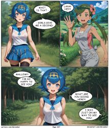  ai_art blue_hair dark_skin devianbar dialogue green_hair lana_(pokemon) long_hair mallow_(pokemon) nintendo pokemon short_hair text 