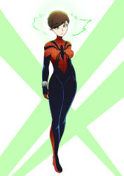 absurdres breasts brown_hair costume dazed expressionless femsub green_eyes marvel_comics may_mayday_parker nexus_light open_mouth short_hair solo spider-girl spider-man_(series) standing super_hero