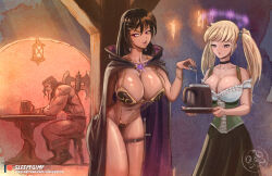  barbarian blonde_hair breasts brown_hair dazed earrings empty_eyes expressionless femdom femsub hypnotic_drink jewelry large_breasts magic makeup muscle_boy original potion sitting sleepy_gimp tavern_wench tray twintails waitress weapon 
