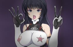  alice_gear_aegis alternate_costume bare_shoulders black_eyes black_hair breasts clothed_exposure corruption drool erect_nipples eyeshadow female_only femsub gloves gradient_background kaede_agatsuma large_breasts long_hair makeup multicolored_eyes nipple_cutout nipples open_mouth opera_gloves solo tongue tongue_out torn_clothes v vicebossjon 