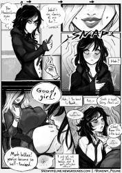  before_and_after black_hair blush chin_hold comic confused dazed dialogue drool female_only femdom femsub finger_snap good_sub_conditioning greyscale large_breasts long_hair memory_alteration mina_(snowyfeline) original panting snowyfeline text tie trigger 