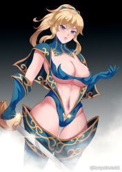 blonde_hair blue_eyes breasts cape cleavage corruption empty_eyes enemy_conversion expressionless female_only femsub genshin_impact gloves hadant hair_ribbon huge_breasts jean_gunnhildr looking_at_viewer navel ponytail shoulder_pads signature solo sword thick_thighs thighs underboob watermark weapon