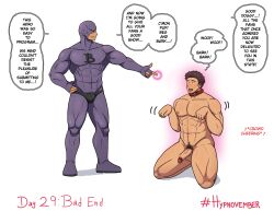  absurdres bottomless collar defeated erection hypno_neet hypnovember kneeling magic male_only maledom malesub muscle_boy nude open_mouth panting penis pet_play super_hero text tongue tongue_out topless white_background 