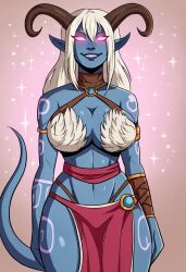 ai_art blue_skin breasts draenei elf_ears femsub glowing_eyes horns large_breasts long_hair pink_eyes rasten41_(generator) simple_background smile solo tail warcraft white_hair world_of_warcraft