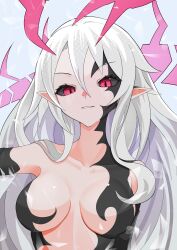absurdres alternate_costume alternate_hair_color aura bare_shoulders black_sclera breasts cleavage corruption disgaea disgaea_5 elf_ears eye_color_change facial_markings femsub hair_color_change happy_trance large_breasts liezerota liezerota_dark long_hair looking_at_viewer maledom octpus possession red_eyes slit_pupils smile tattoo very_long_hair void_dark white_hair