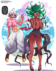  ahegao alternate_form android_21 black_sclera bottomless bracelet breast_expansion breasts collar collarbone corruption cosplay dark_skin dragon_ball dragon_ball_fighterz dress earrings elf_ears eye_roll female_only femdom femsub finger_snap fubuki_(one_punch_man) glowing glowing_eyes green_eyes green_hair high_heels jewelry lactation large_breasts one_punch_man open_mouth pink_skin pussy pussy_juice red_eyes skajrzombie smile tail tatsumaki_(one_punch_man) text tongue tongue_out topless torn_clothes transformation unusual_cum white_hair 