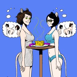 animal_ears black_hair bottomless breasts brown_hair dress female_only femsub glasses happy_trance hypnostink hypnotic_food incest kaa_eyes midriff mouse_girl nude original short_hair simple_background sisters smell standing tail tank_top thought_bubble topless yuri