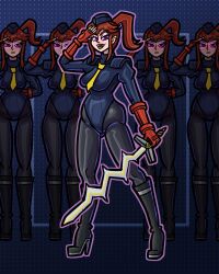  anna_(fire_emblem) archfolie enemy_conversion fire_emblem glowing_eyes high_heels leotard nintendo red_hair saluting shadaloo_dolls standing_at_attention street_fighter tagme 