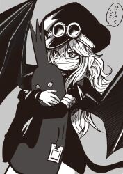  androgynous_dom clothed femsub gunko_(one_piece) hair_growth hug imu_(one_piece) japanese_text looking_at_viewer monochrome nobuchi0503 one_piece possession ring_eyes simple_background speech_bubble spoilers tail text translation_request very_long_hair wings 