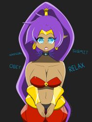 absurdres bangs bare_shoulders blue_eyes bra breasts choker cleavage dancer dark_skin drool earrings elf_ears expressionless eyelashes female_only femsub harem_outfit hypnotic_accessory jewelry large_breasts long_hair open_mouth ponytail purple_hair shantae shantae_(series) simple_background sobergin solo spiral_eyes standing tan_skin text tube_top very_long_hair 