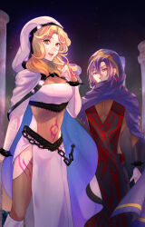  blonde_hair breasts cape cleavage cloak corruption dark_persona femsub fire_emblem fire_emblem_the_sacred_stones highres isobe_roll knoll_(fire_emblem) large_breasts long_hair looking_at_viewer maledom natasha_(fire_emblem) nintendo pooh920 purple_hood red_eyes smile story_at_source 
