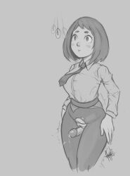 absurdres blush bottomless breasts clothed_exposure dazed empty_eyes expressionless femsub gmun greyscale large_breasts my_hero_academia ochaco_uraraka pantyhose pendulum penis pussy thighjob thighs tie tights torn_clothes