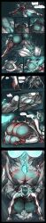  ass brainwaves_(artist) breast_expansion breasts clothed_sex comic consensual corruption cum_in_pussy female_only femdom femsub glowing_eyes nipple_licking sex text warframe 
