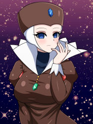  alternate_costume blue_eyes blush breasts collar empty_eyes expressionless female_only hand_on_head hat huge_breasts looking_at_viewer nintendo nun nurse_joy pokemon pokemon:_the_first_movie_-_mewtwo_strikes_back pokemon_(anime) solo yensh 