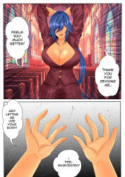  alternate_costume alternate_hairstyle arms_above_head asia_argento aware blue_hair breast_expansion breasts cleavage clothed comic dialogue english_text female_only female_pov femdom femsub hair_color_change high_school_dxd huge_breasts kalawarner no_eyes ponytail possession pov pov_dom pov_sub smile speech_bubble sweat tagme text transformation tuksoil 