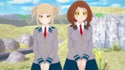 3d blonde_hair brown_hair femsub finalheart happy_trance himiko_toga my_hero_academia ochaco_uraraka school_uniform short_hair spiral_eyes