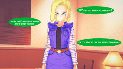 android_18 belt blonde_hair blue_eyes earrings femsub krillin lovedeath39 maledom remote_control standing_at_attention text