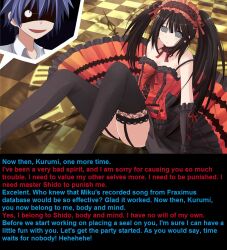  ass black_hair breasts caption date_a_live dress evil_smile femsub gloves kurumi_tokisaki large_breasts long_hair maledom manip misterman4_(manipper) opera_gloves shido_itsuka sitting smile spiral_eyes symbol_in_eyes text thighhighs twintails 