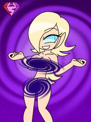  androgynous_dom blonde_hair collarbone convenient_censoring eyebrows_visible_through_hair eyelashes female_only femsub hair_covering_one_eye happy_trance hypnoscream large_breasts long_hair nintendo nude princess_rosalina purple_background shiny_hair shiny_skin simple_background smile solo spiralwash_eyes standing super_mario_bros. super_mario_galaxy 