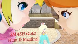  angry blonde_hair blue_eyes brown_hair cover cyanstargazer english_text hair_covering_one_eye long_hair multiple_girls nintendo princess princess_daisy princess_peach princess_rosalina royalty super_mario_bros. super_smash_bros. text 