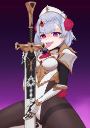  armor bracers corruption empty_eyes female_only femsub genshin_impact hat looking_at_viewer noelle_(genshin_impact) pantyhose purple_eyes short_hair simple_background solo sword thighs tongue tongue_out weapon white_hair yamimochi 