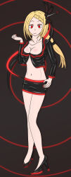  absurdres antenna bare_legs blonde_hair braid cleavage collarbone fembot femsub hair_ornament happy_trance high_heels hy2300 jacket large_breasts long_hair nail_polish navel ponytail priscilla_barielle re:zero_starting_life_in_another_world red_eyes short_skirt simple_background skirt smile spiral_background standing tech_control 