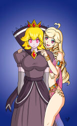 ahoge alerith alternate_costume bare_legs bare_shoulders blonde_hair blue_background breasts character_request collar corruption crown dress earrings eyeshadow female_only femdom femsub gloves happy_trance hypnotic_accessory hypnotic_clothing hypnotized_dom jewelry legs long_hair looking_at_viewer makeup midriff nintendo opera_gloves original paper_mario:_the_thousand_year_door possession princess princess_peach red_eyes shadow_queen short_hair smile spiral spiral_eyes super_mario_bros. symbol_in_eyes yuri