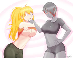 absurdres blonde_hair breasts chin_hold dahypnoman_(dahypnoman) dazed female_only femdom femsub genderswap hypnotic_eyes jean_shorts jeans jewelry long_hair multicolored_hair navel necklace neolink077 open_mouth original ponytail red_eyes rwby shirt_lift short_hair signature smile spiral_eyes standing symbol_in_eyes undressing white_background yang_xiao_long