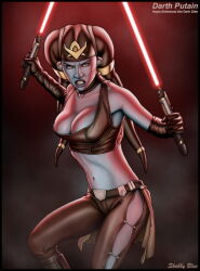 aayla_secura angry bare_shoulders belt breasts cleavage collarbone corruption female_only femsub gloves large_breasts lightsaber looking_at_viewer open_mouth opera_gloves pants red_eyes shabby_blue skirt solo standing star_wars tentacles text twi&#039;lek twintails unhappy_trance