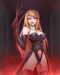 blonde_hair boots breasts cape claws cleavage corruption female_only fullmetal_alchemist gloves hypnotic_tattoo large_breasts leebigtree lipstick long_hair magic opera_gloves red_eyes smile smoke tattoo thigh_boots winry_rockbell