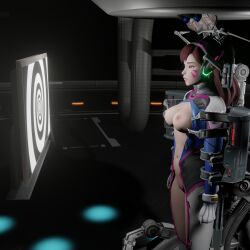  3d bodysuit bottomless breasts brown_eyes brown_hair d.va empty_eyes esccc face_paint female_only femsub gloves headphones long_hair monitor navel nipples open_clothes overwatch pubic_hair restrained solo spiral tech_control topless whitewash_eyes wufan870203 