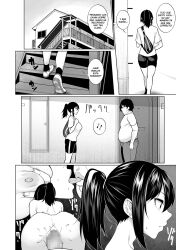 black_hair bottomless bouncing_breasts breasts comic dialogue greyscale inverted_nipples large_breasts monochrome nude ponytail sakamata_nerimono spanish tagme text topless ugly_bastard