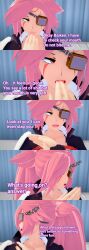  absurdres baiken brown_eyes clothed dialogue english_text eyepatch femsub guilty_gear long_hair maledom open_mouth pink_hair scar text tomboyfreezewinter tongue tongue_out violence 