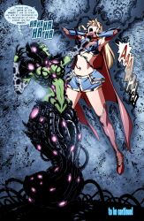 blonde_hair boots brainiac breasts cape choking comic dc_comics female_only femdom femsub gloves green_skin knee-high_boots large_breasts long_hair official open_mouth randy_mayor santi_casas short_skirt super_hero supergirl superman_(series) tech_control tentacles text western