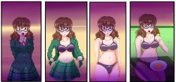 absurdres brown_eyes brown_hair comic drool empty_eyes expressionless female_only femsub food glasses hypnotic_light jaisen_rei nozomi_akemi open_mouth penlight school_uniform sitting standing standing_at_attention surprised underwear undressing